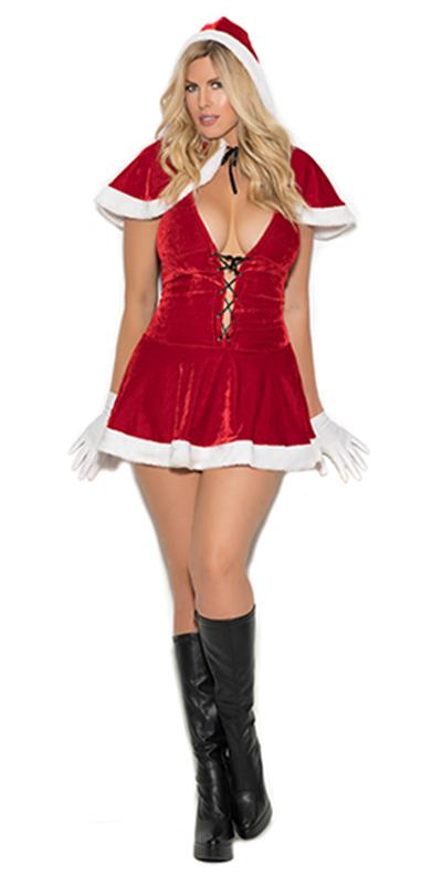 Sexy Plus Size Happy Holidays Mrs Claus Costume featuring a velvet halter dress with lace-up detail, hooded cape, and Santa hat, perfect for festive occasions.