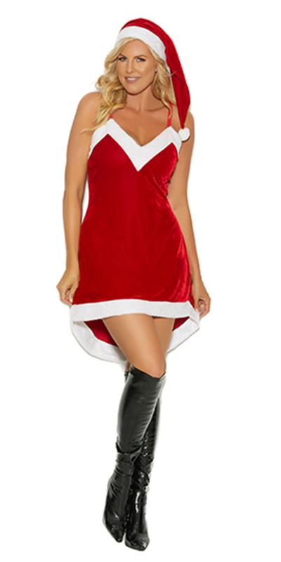 Woman wearing the Sexy Plus Size Happy Holidays Santa Dress Costume, featuring a red and white velvet dress with an asymmetrical design and a matching Santa hat.