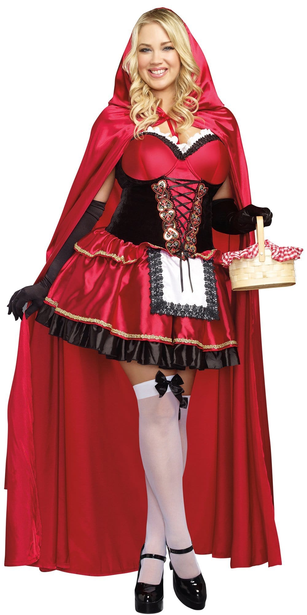 Woman in a Sexy Plus Size Little Red Women's Costume with a hooded cape and corset-style dress, holding a basket, ideal for Halloween or cosplay.