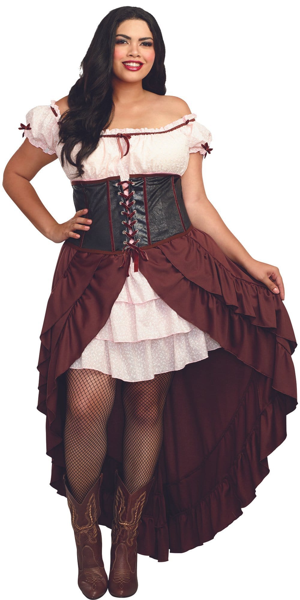 Sexy Plus Size Saloon Gal Wild West Women's Costume featuring an off-the-shoulder dress and distressed leather-look lace-up corset, perfect for themed events.