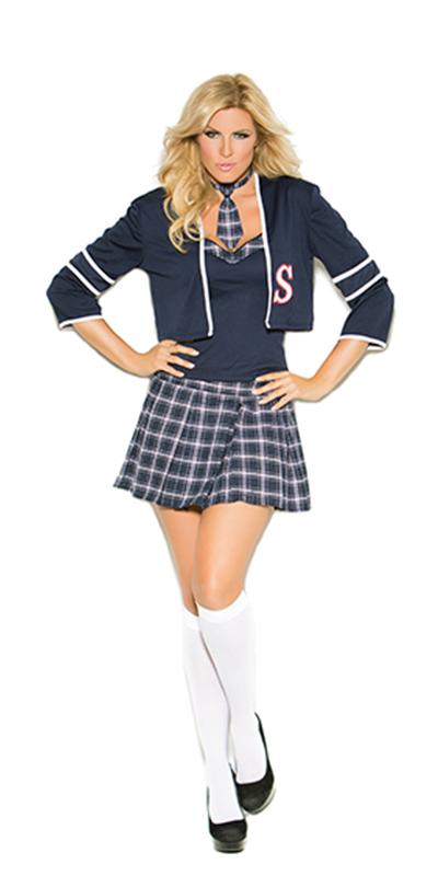 Sexy Plus Size Senior Year Student Costume featuring a plaid pleated mini skirt, cami top with plaid trim, and jacket with S logo and plaid necktie.