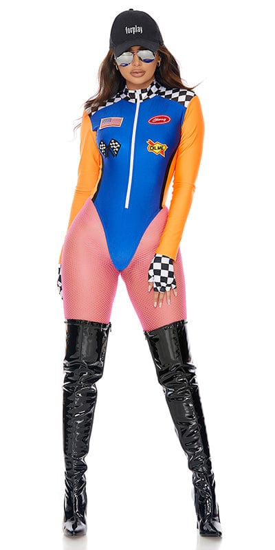 Woman wearing Sexy Podium Racer Halloween Costume: a zip-front bodysuit with high-cut legs, checker print details, and boots.