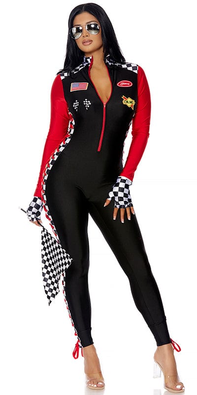 Woman wearing Sexy Pole Position Racer Halloween Costume, featuring a race car-themed jumpsuit with embroidered patches, lace-up sides, and a checker print, plus fingerless gloves.