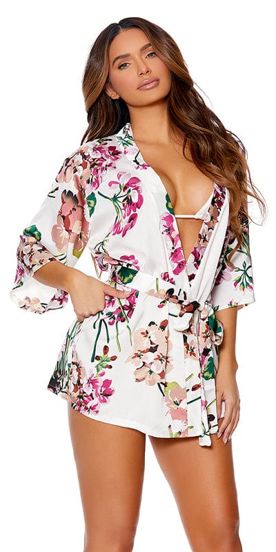 Sexy Power Charmeuse 3/4 Sleeve Kimono Robe worn by a woman, showcasing its elegant design, 3/4 sleeves, and detachable belt for a chic look.