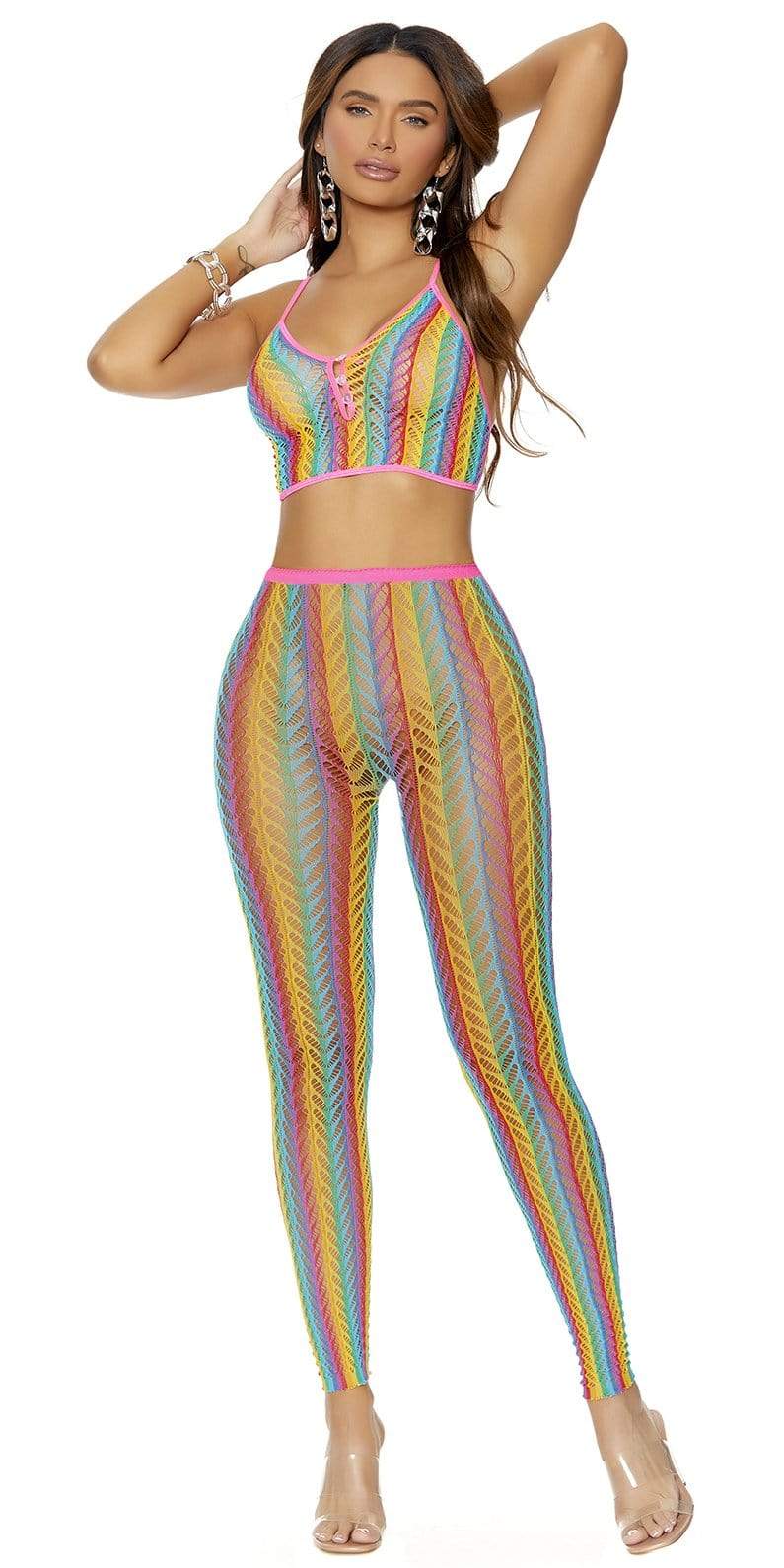 A woman models the Sexy Pride Rainbow Crochet Cami Top and Leggings, highlighting the intricate crochet design and button details.