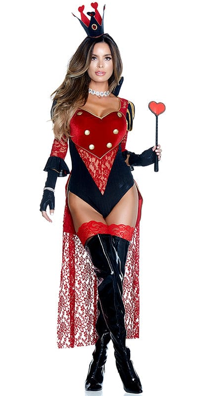 Woman wearing Sexy Queen of Hearts Halloween Costume, featuring velvet bodysuit with red lace bustle and gold button details, and matching gloves. Headpiece not included.