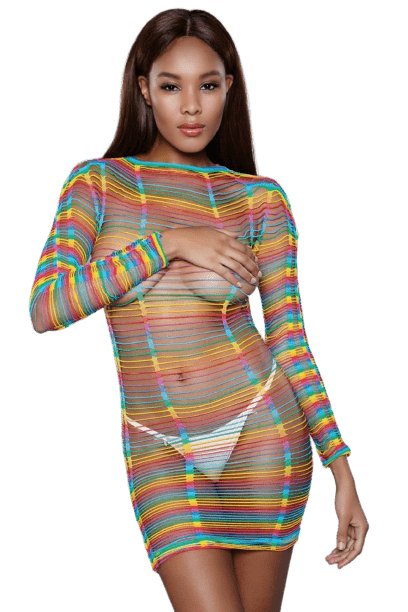 Sexy Rainbow Fishnet Burned Desire Mini Dress on a model, showcasing its sheer body design, long sleeves, and multiple cutout details, part of the Sexy Pride Collection.