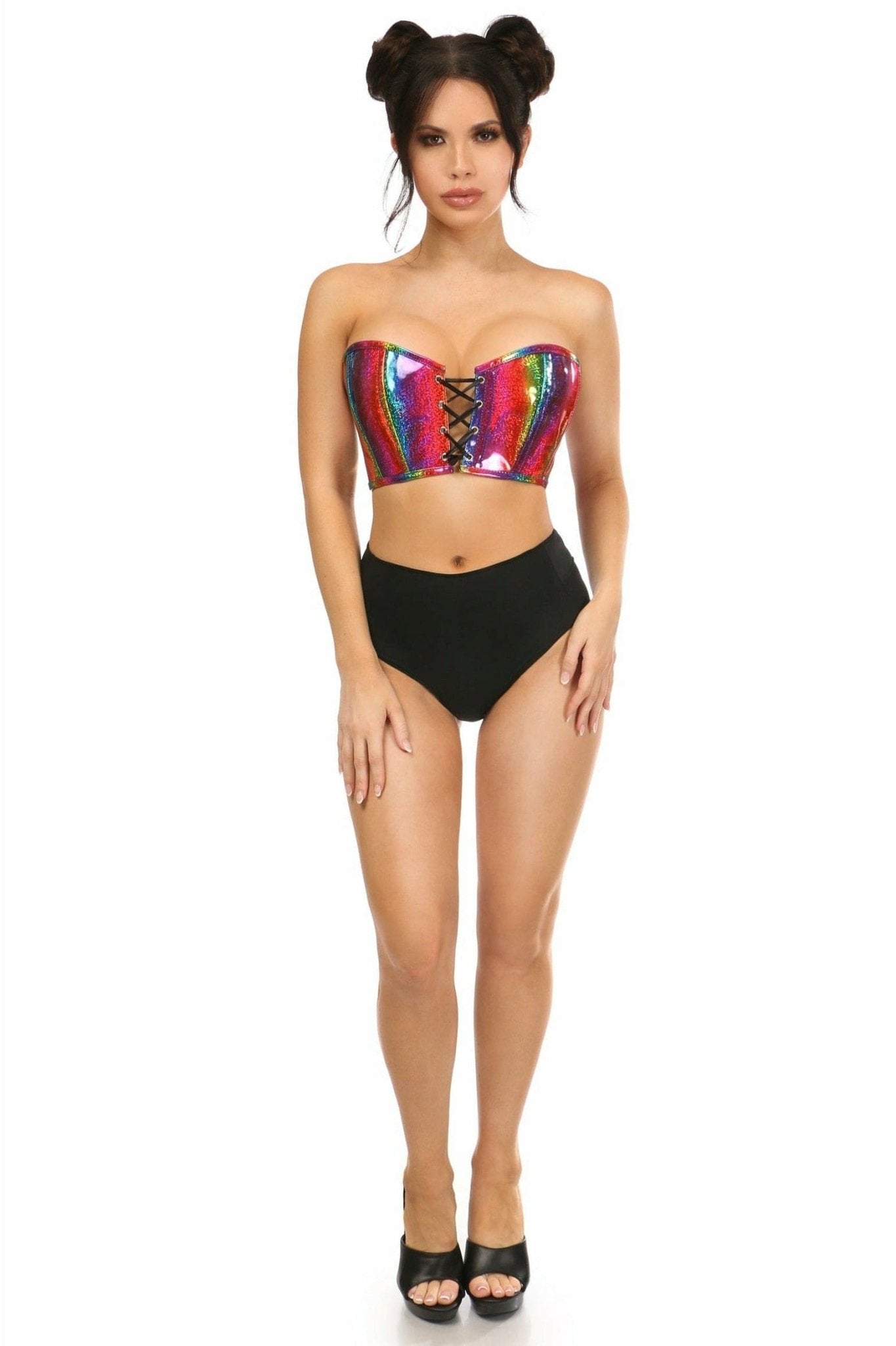 Sexy Rainbow Glitter PVC Lace-Up Bustier Top Musotica.com