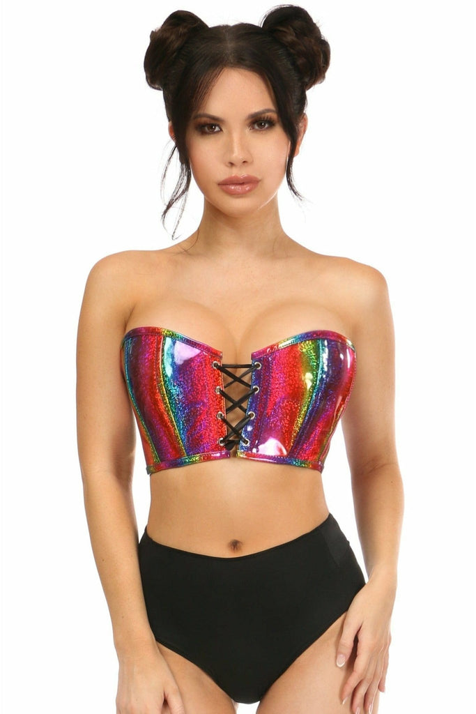 Woman modeling a Sexy Rainbow Glitter PVC Lace-Up Bustier Top, featuring hologram fabric and satin ribbon lacing, with adjustable straps, emphasizing stylish design.