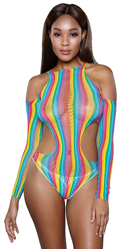 A woman models the Sexy Rainbow Love Bodysuit, showcasing its sheer mesh design with side cutouts and a thong bottom.