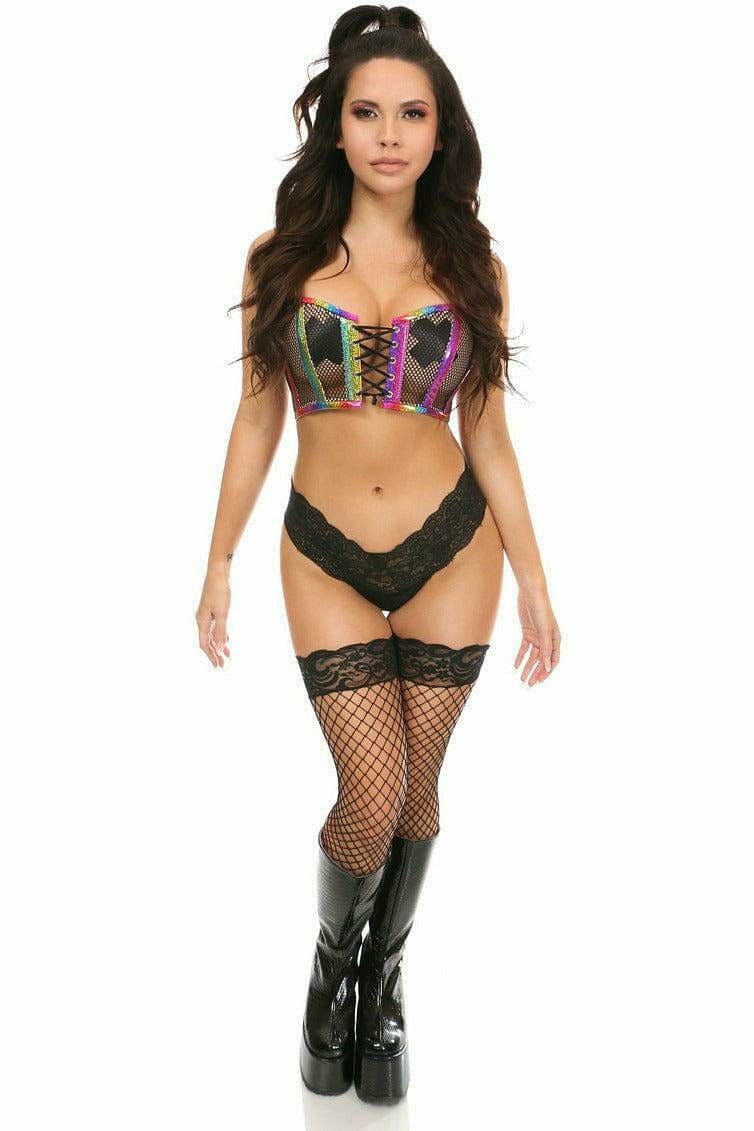 Sexy Rainbow PVC Glitter & Fishnet Lace-Up Short Bustier Top Musotica.com