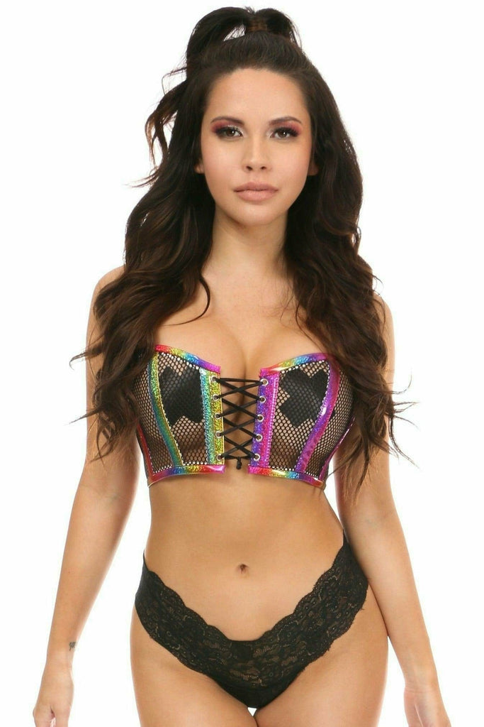 Sexy Rainbow PVC Glitter & Fishnet Lace-Up Short Bustier Top Musotica.com