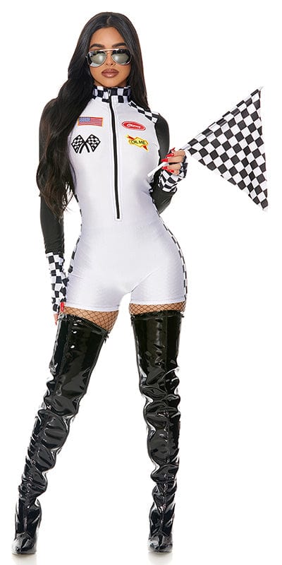 Woman in a race car outfit holding a checkered flag, showcasing the Sexy Ready to Drive Racer Halloween Costume with romper, gloves, and aviator sunglasses.