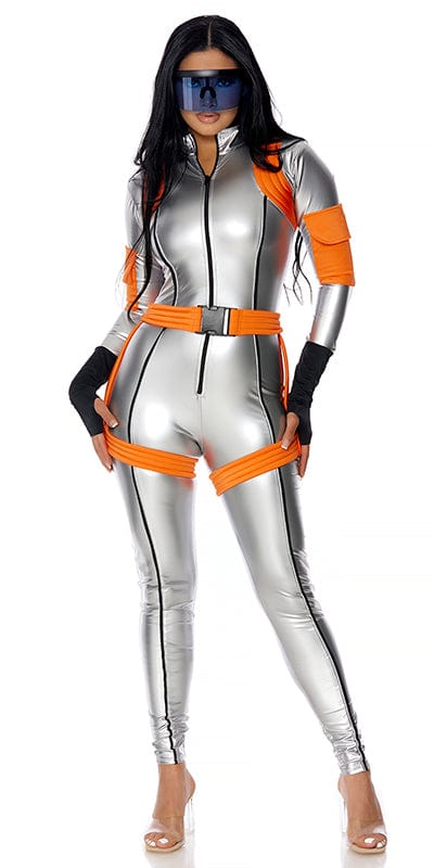 Woman wearing Sexy Ready to Land Astronaut Halloween Costume, featuring a silver vinyl jumpsuit with zip front, contrast piping, and an orange garter belt.