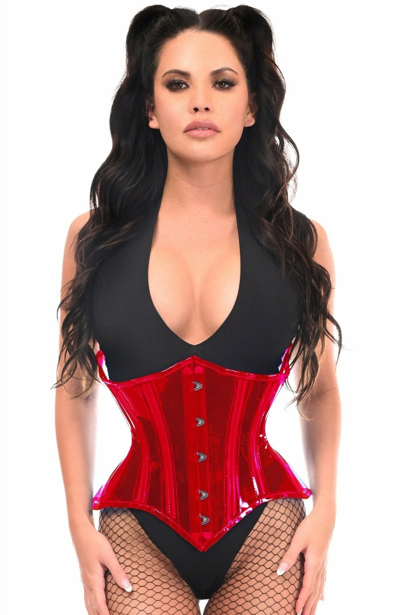 Woman modeling Sexy Red Clear Curvy Underbust Waist Cincher Corset with front busk closure, lace-up back, and visible double boning for a flattering fit.