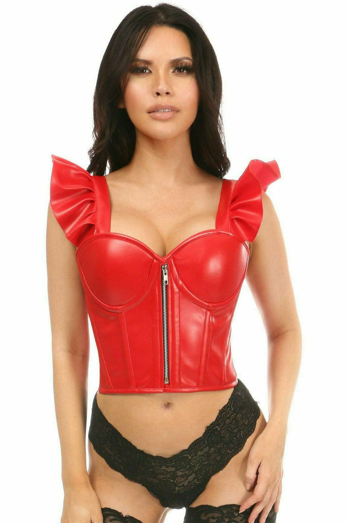 Sexy Red Faux Leather Bustier Top with Ruffle Sleeves worn by model, featuring front zipper, underwire cups, adjustable straps, and supportive boning.