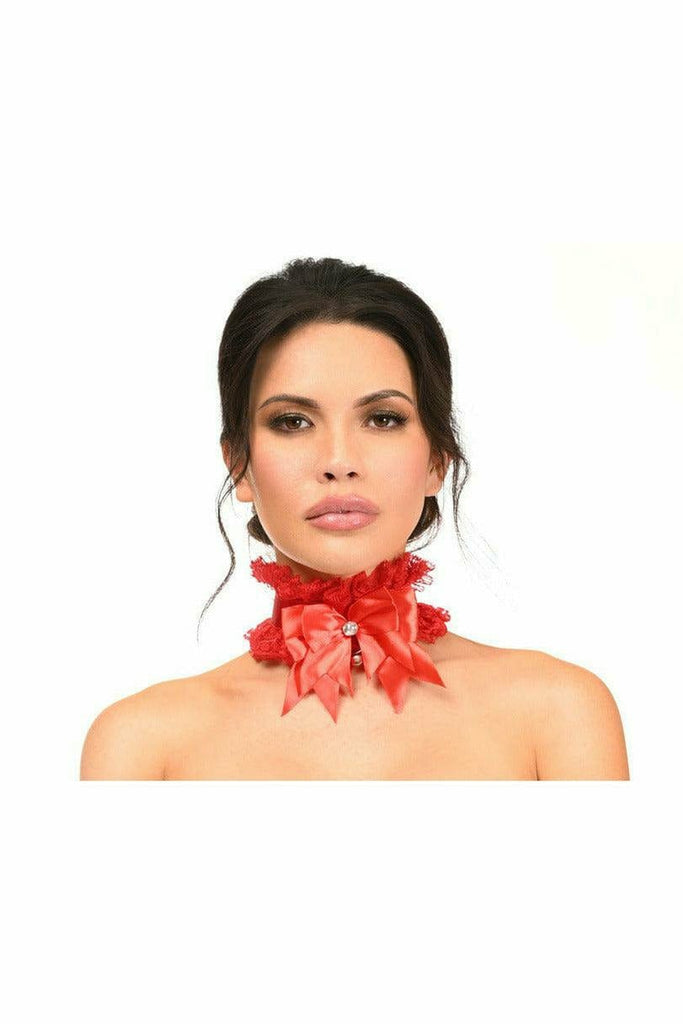 Sexy Red Lace Costume Choker featuring a red bow, rhinestone embellishments, and bell detail, worn by a woman during a fashion photo shoot.
