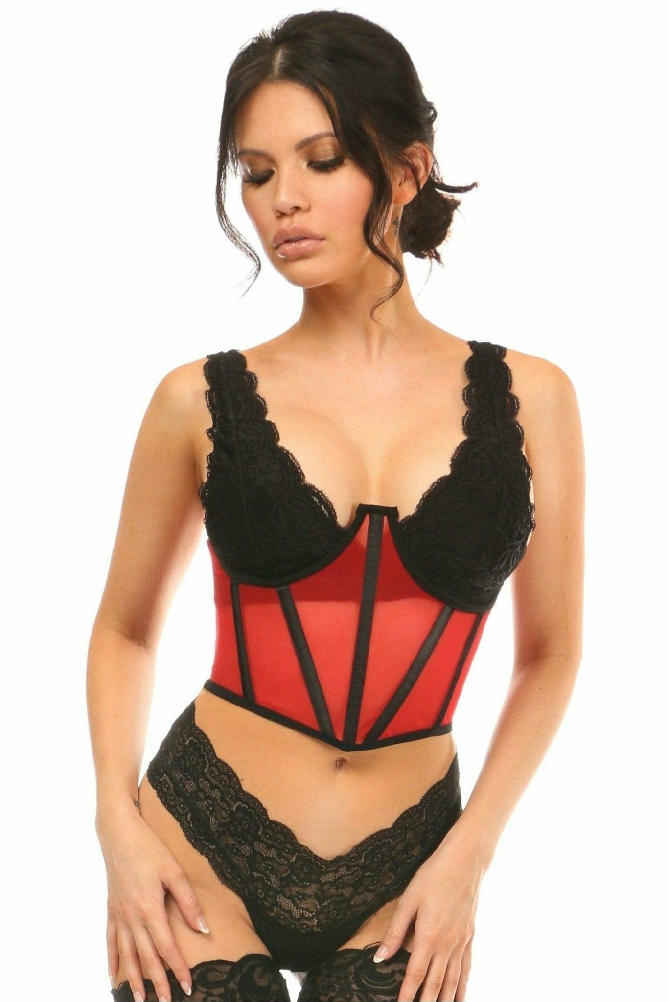 Woman wearing the Sexy Red Mesh Open Cup Waist Cincher with underwire, showcasing its structured fit and hook & eye closure during a photoshoot.