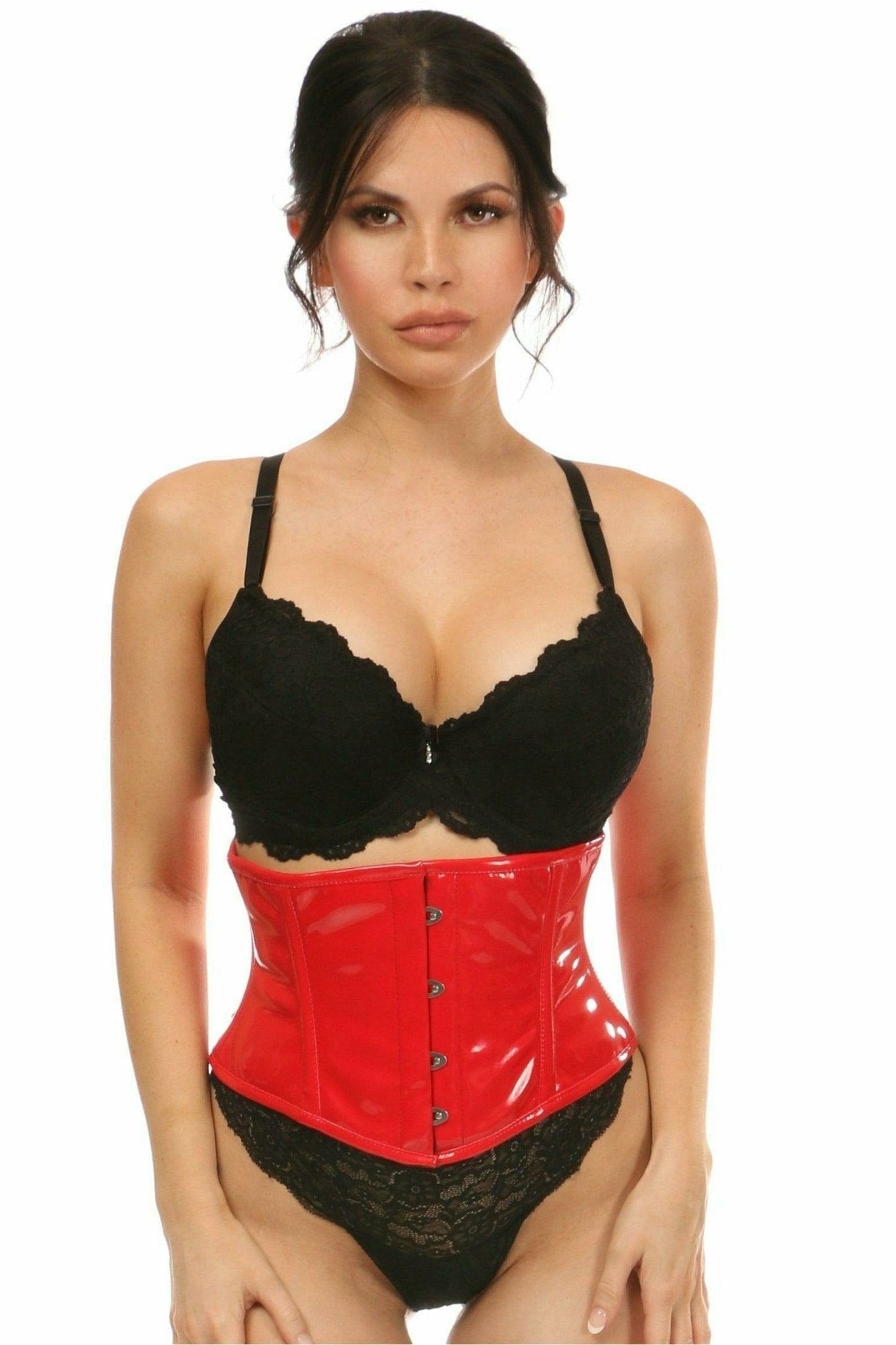 Woman modeling the Sexy Red Patent Mini Cincher, highlighting its supportive structure with visible front busk closure and back lacing for a secure fit.
