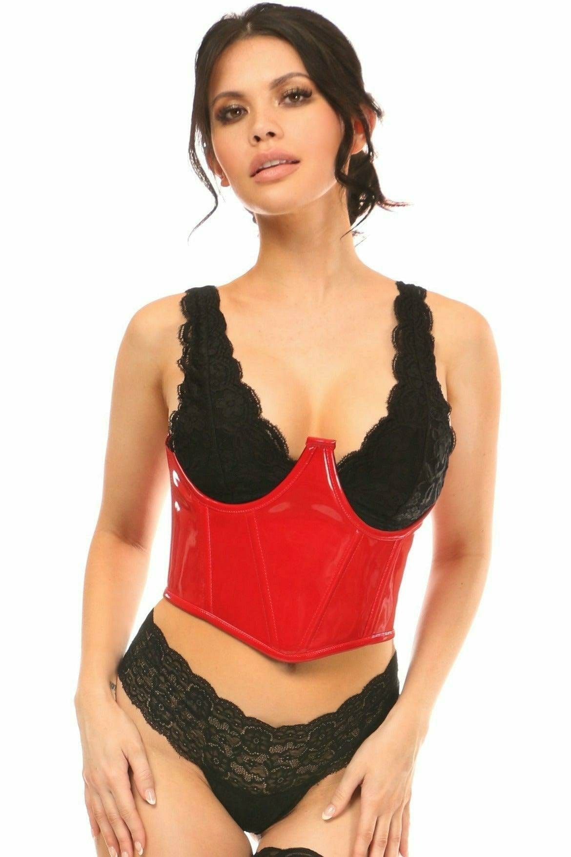 Sexy Red Patent Open Cup Underwire Waist Cincher worn by a model, showcasing its underbust design and back lacing details for a secure fit.