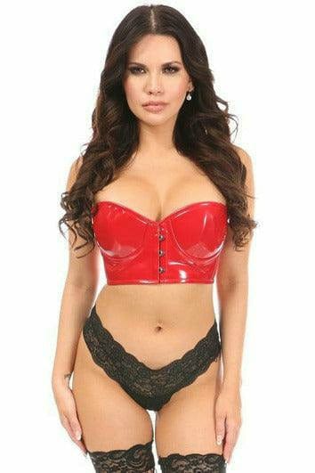 Woman modeling Sexy Red Patent PVC Underwire Short Bustier with built-in underwire cups, front busk closure, and satin ribbon lacing for a flattering fit.