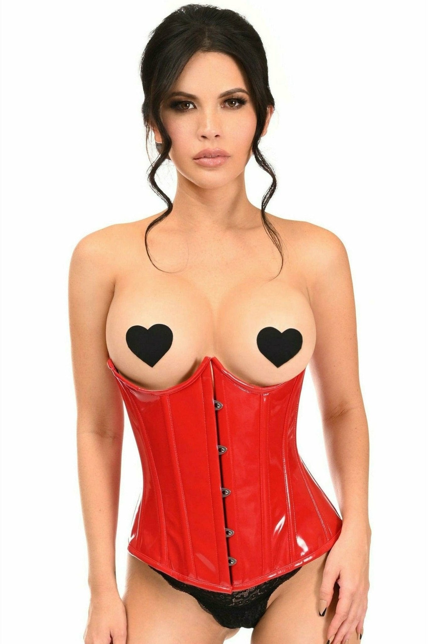 Woman modeling the Sexy Red Patent PVC Underwire Underbust Corset, showcasing its underwire structure, front busk closure, and lace-up back.