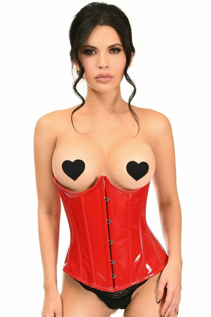 Woman modeling the Sexy Red Patent PVC Underwire Underbust Corset, showcasing its underwire structure, front busk closure, and lace-up back.