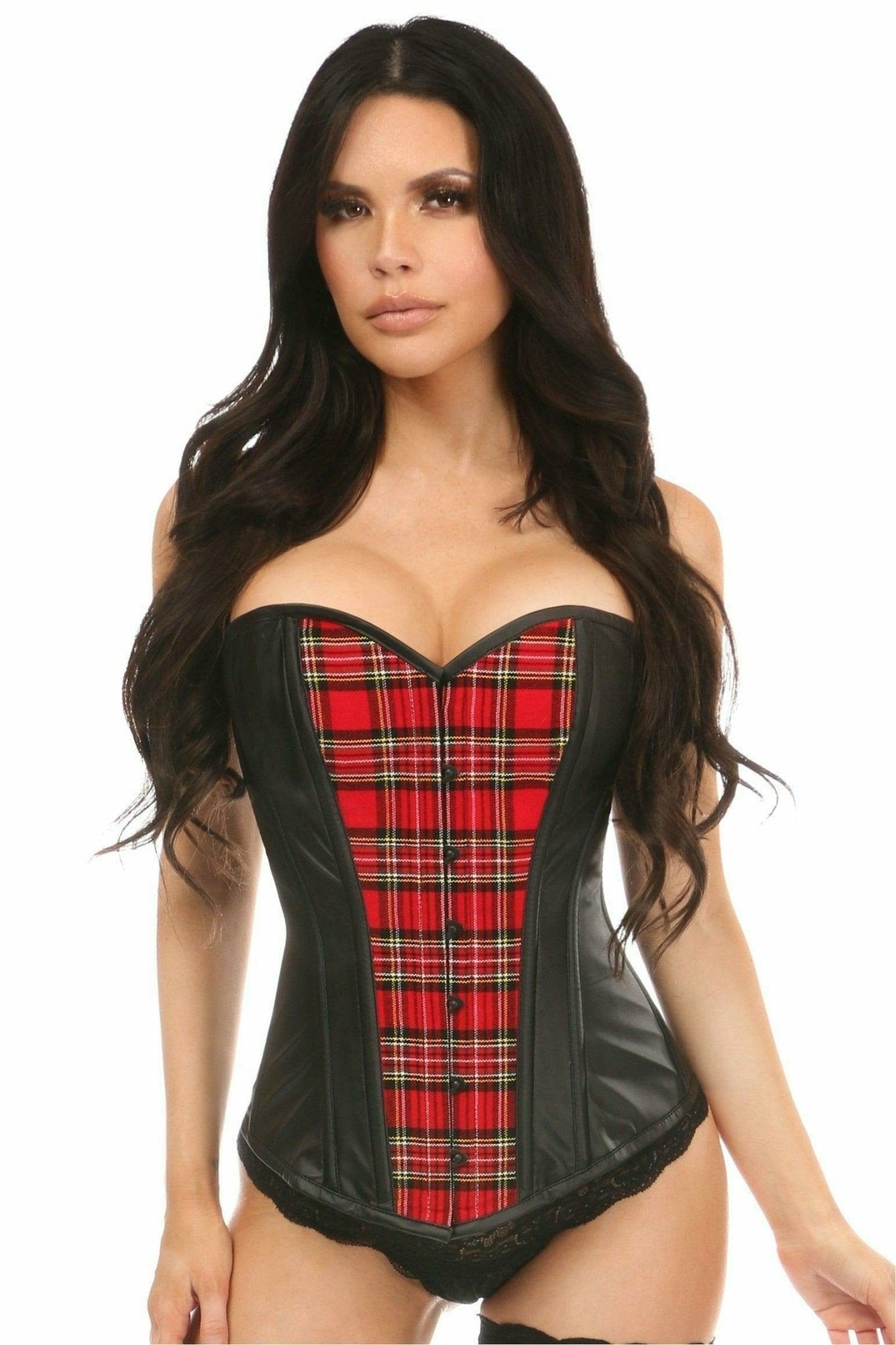 Sexy Red Plaid & Wet Look Overbust Corset Musotica.com