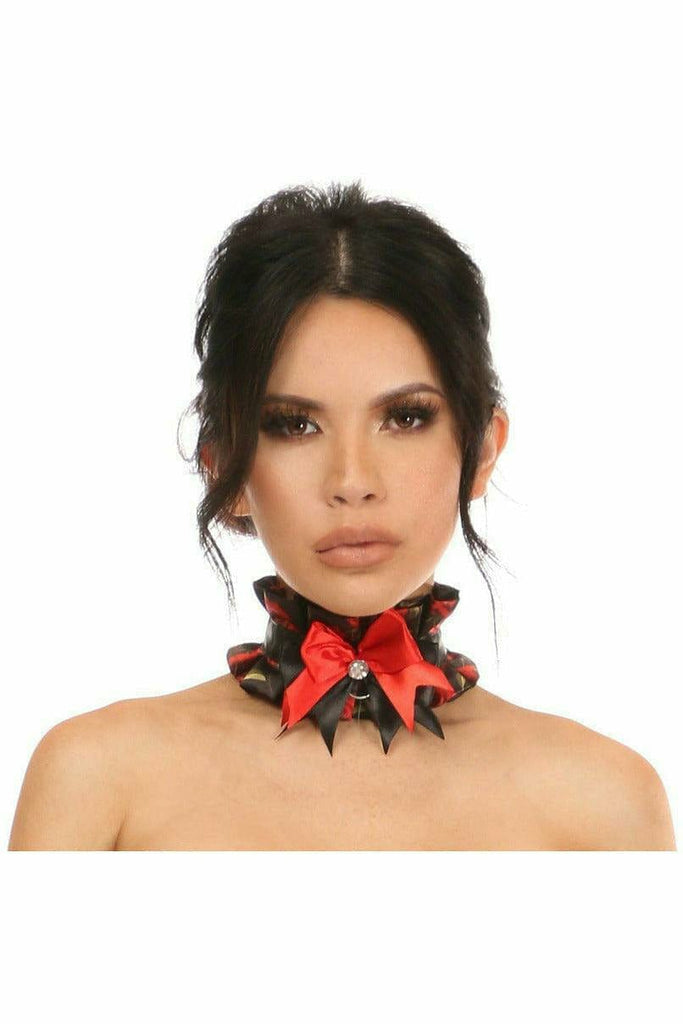 Sexy Red Roses Satin Costume Choker featuring a ribbon tie, rhinestones, and bell embellishments, worn by a woman, highlighting a fashionable and eye-catching accessory.
