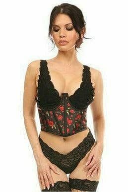 Woman modeling the Sexy Red Roses Satin Open Cup Waist Cincher, showcasing its elegant satin design, underwire support, and back lacing for a sophisticated fit.