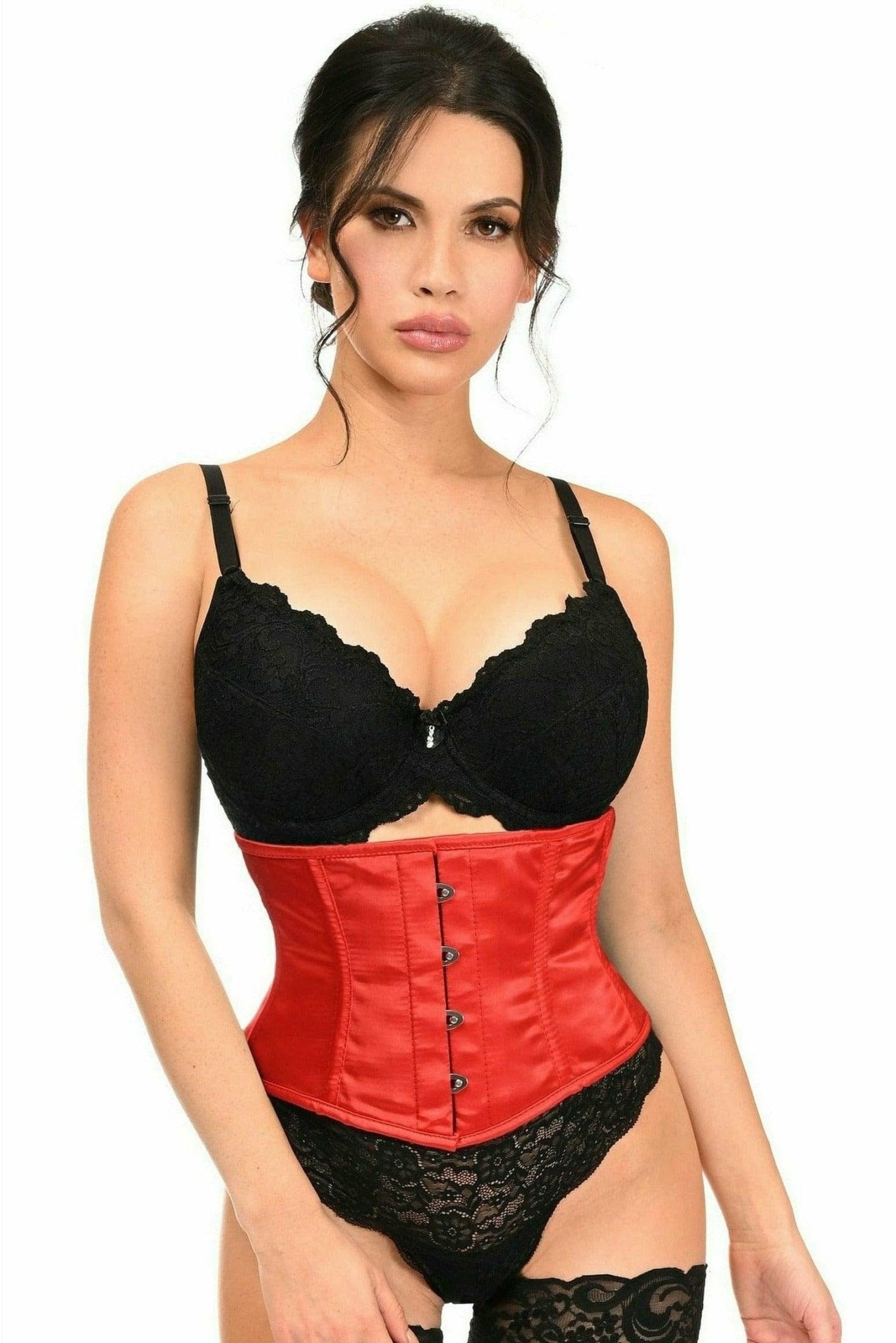 Woman modeling Sexy Red Satin Mini Cincher, highlighting high-quality fabric, structured with 8 plastic bones, and adjustable back lacing for a tailored fit.