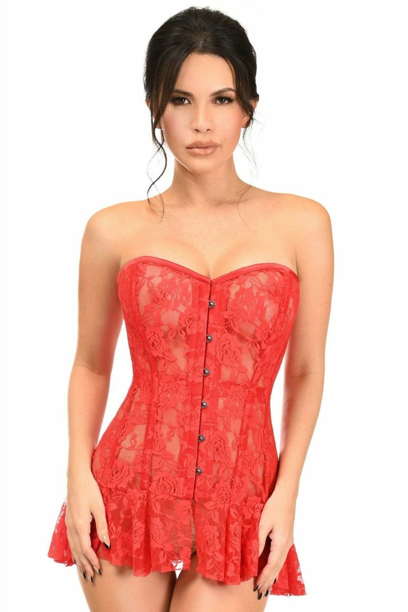 Sexy Red Sheer Lace Corset Dress on model, featuring front busk closure and lace design, highlighting the form-fitting style with steel boning for structure.