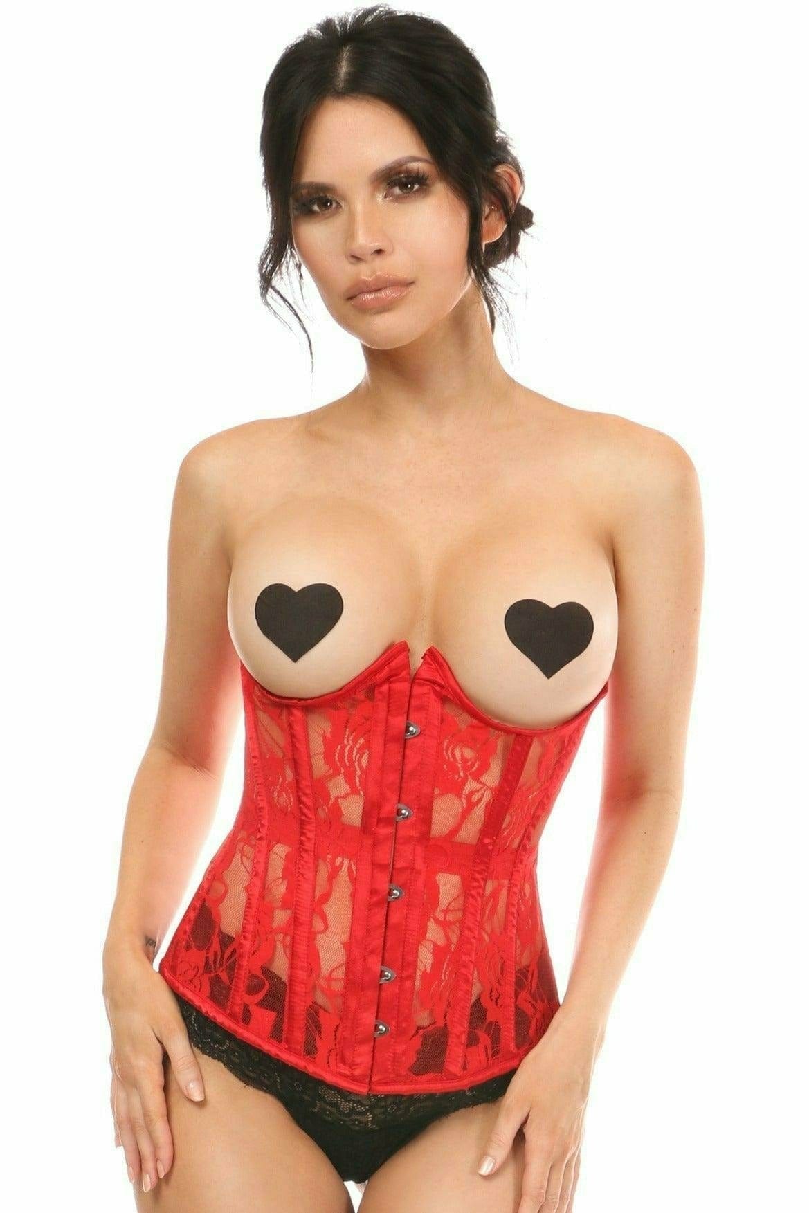 Sexy Red Sheer Lace Underwire Open Cup Underbust Corset worn by a woman, showcasing its structure and intricate lace design, highlighting its daring style.