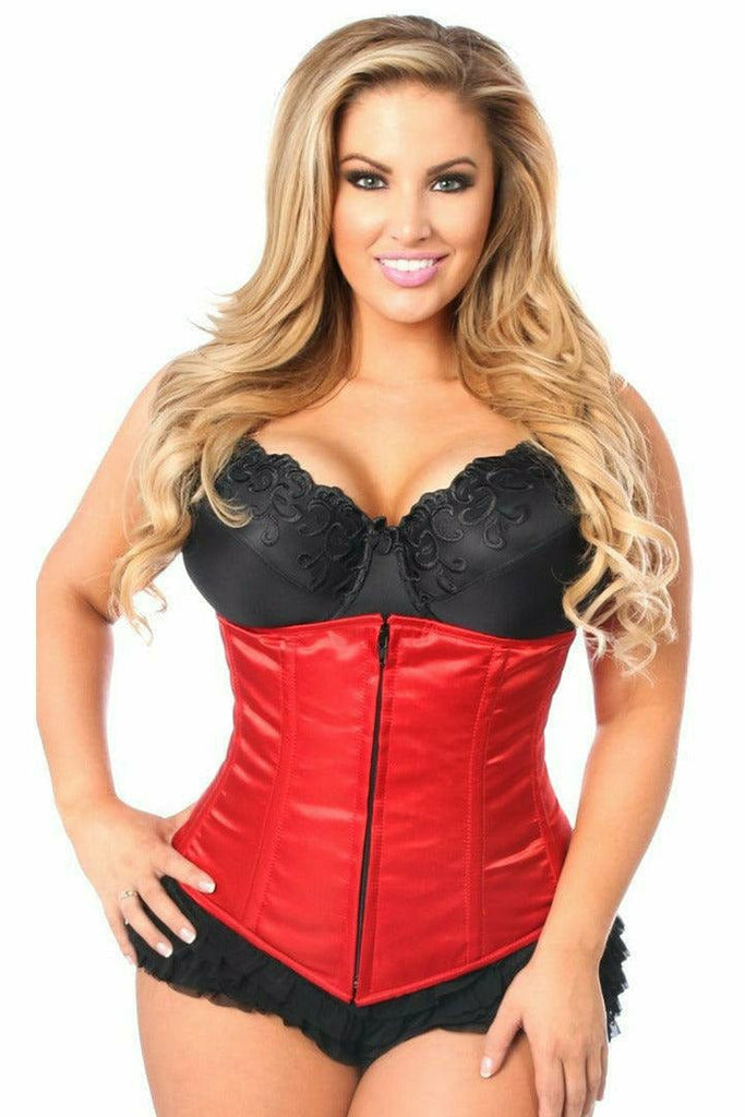 Woman modeling the Sexy Red Underbust Zipper Corset with zipper front, supportive back bones, and removable garters, highlighting its contouring fit and sleek design.