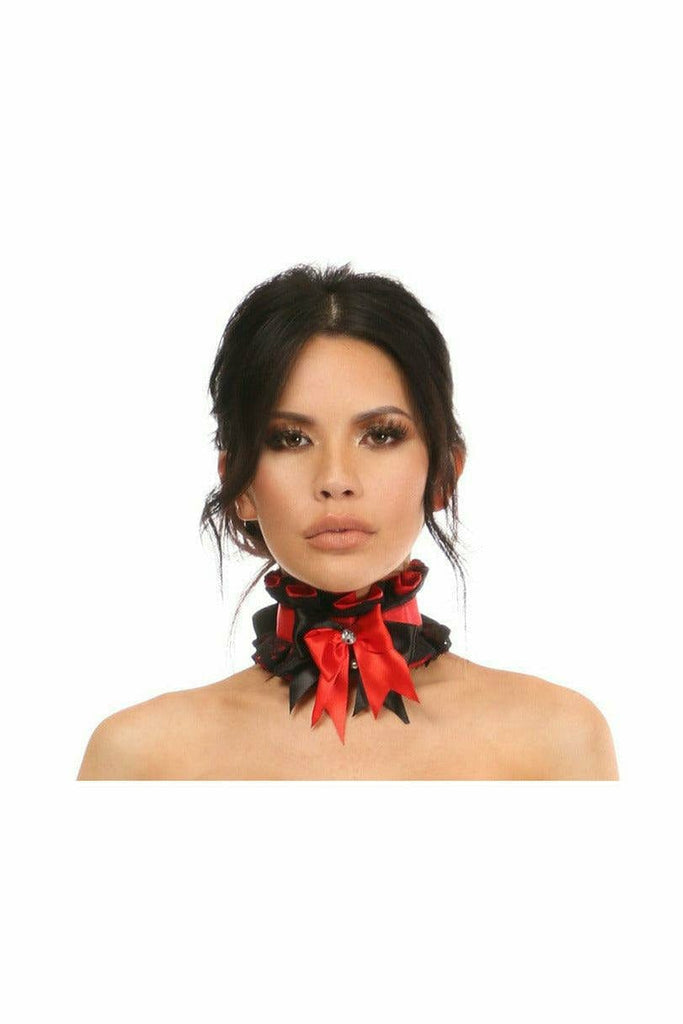 Sexy Red with Black Lace Costume Choker featuring a ribbon tie closure, detailed with rhinestone and bell embellishments, worn around a woman's neck.