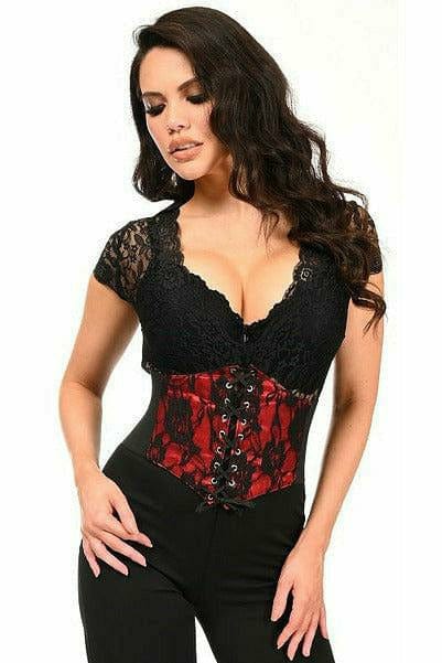 Woman wearing Sexy Red with Black Lace Overlay Corset Belt Cincher, featuring a lace-up front and stretchy elastic sides, captured in a fashion pose.