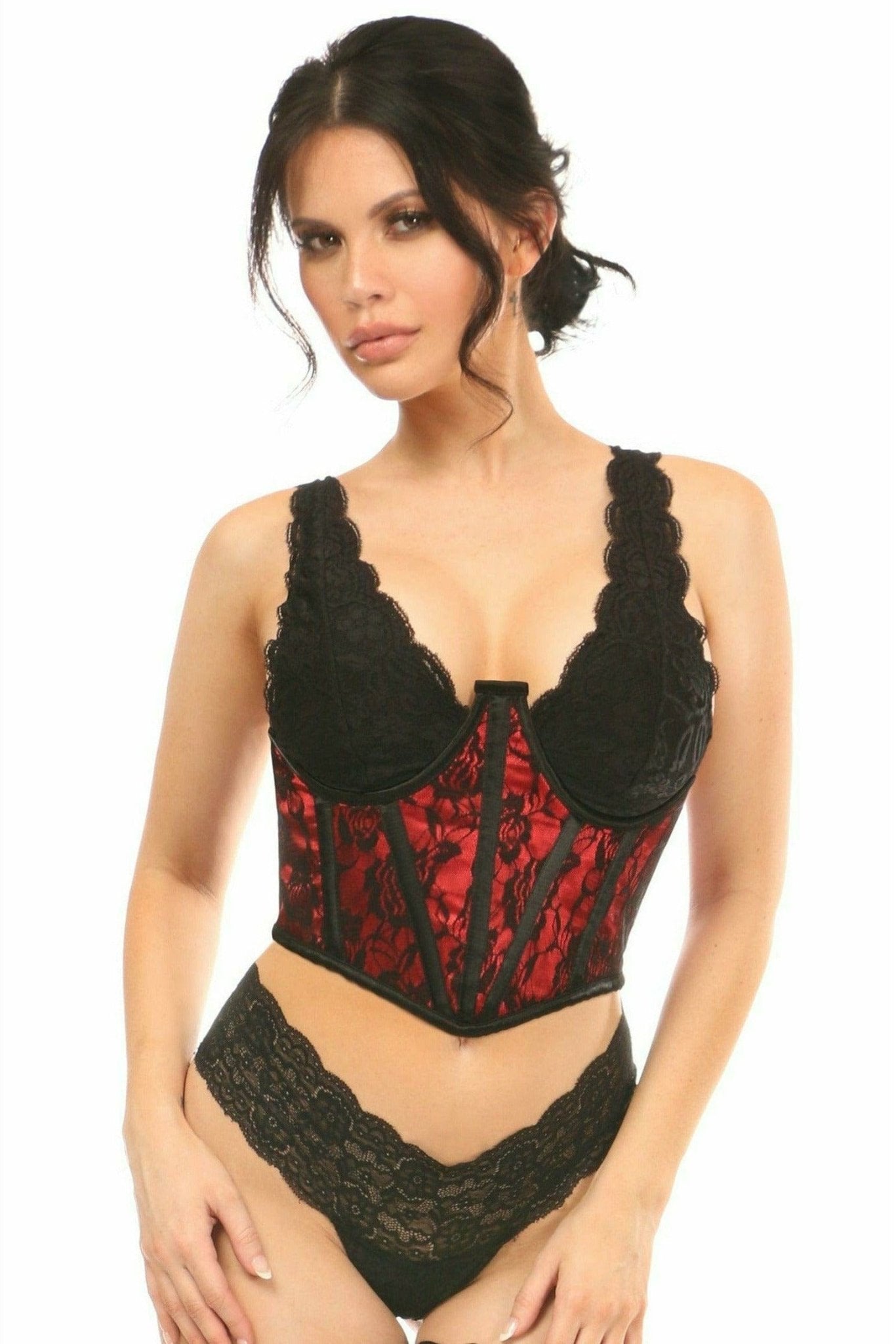 Sexy Red with Black Lace Overlay Open Cup Waist Cincher Musotica.com