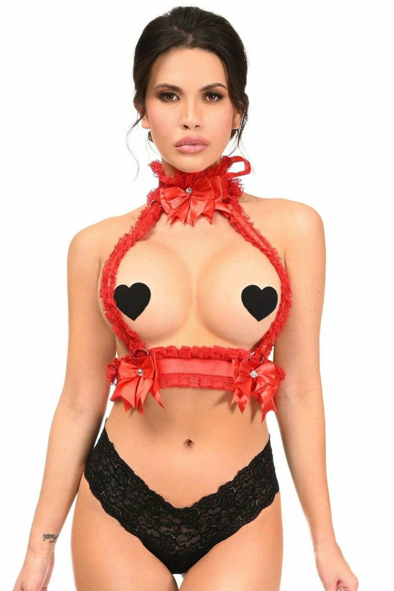 Woman wearing Sexy Red with Red Lace Double Strap Body Harness featuring rhinestone and bell on choker, showcasing the harness design without additional accessories.