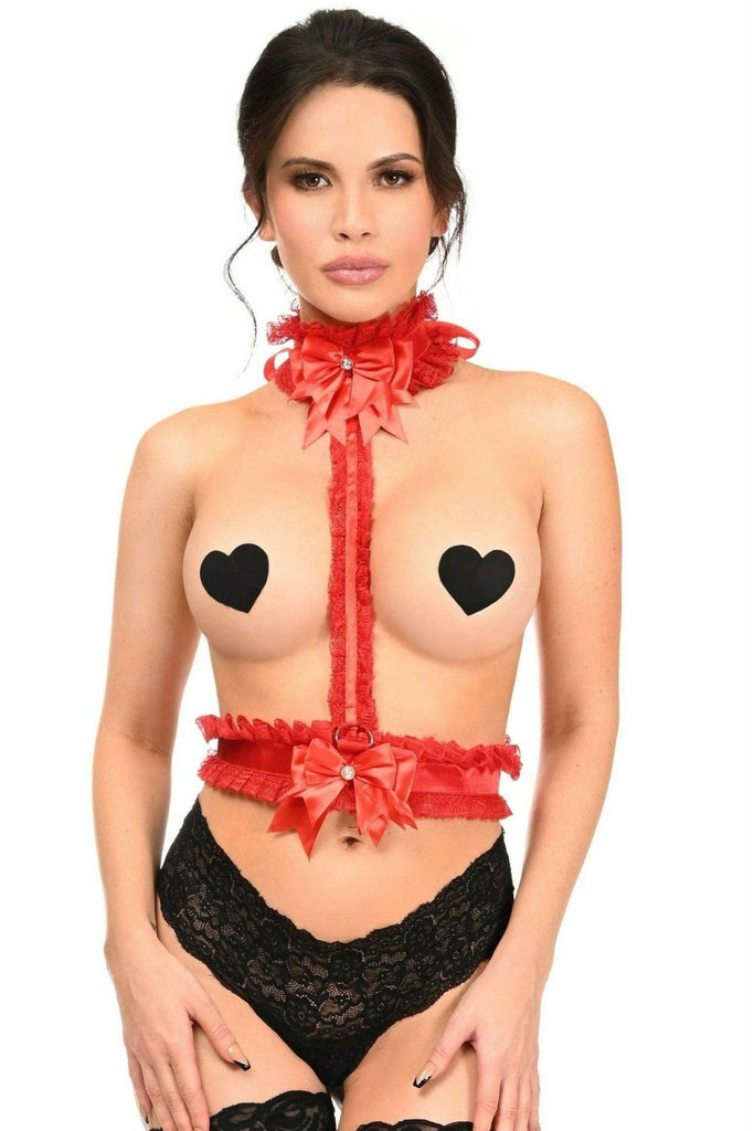 Woman modeling the Sexy Red with Red Lace Single Strap Body Harness, featuring a rhinestone and bell choker, highlighting the elastic back design.