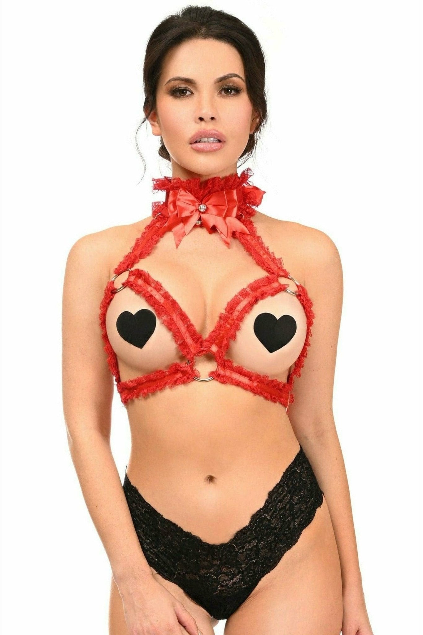 Woman modeling the Sexy Red with Red Triangle Top Body Harness, featuring a red ribbon tie, rhinestone embellishments, and black panties.
