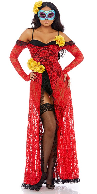 Woman in Sexy Reina De Muerte Day of the Dead Costume, featuring an off-the-shoulder red lace gown, high slit, and floral headband.