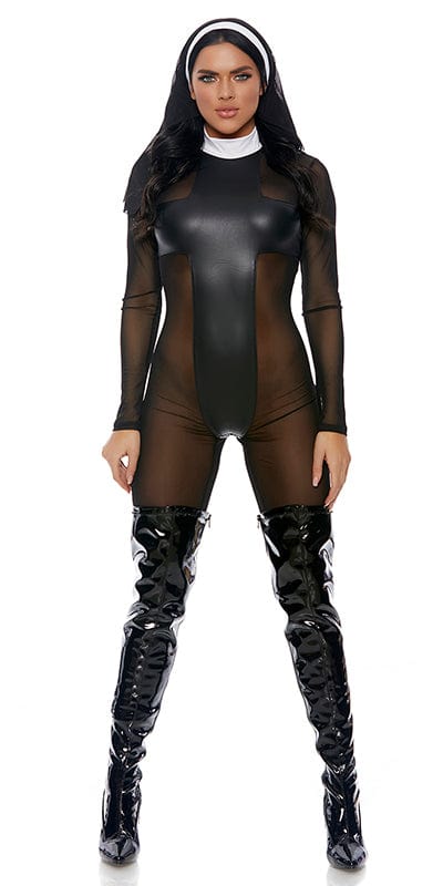 Woman in Sexy Resist Temptation Nun Halloween Costume, featuring a sheer mesh vinyl jumpsuit with cross details and knee-high boots.