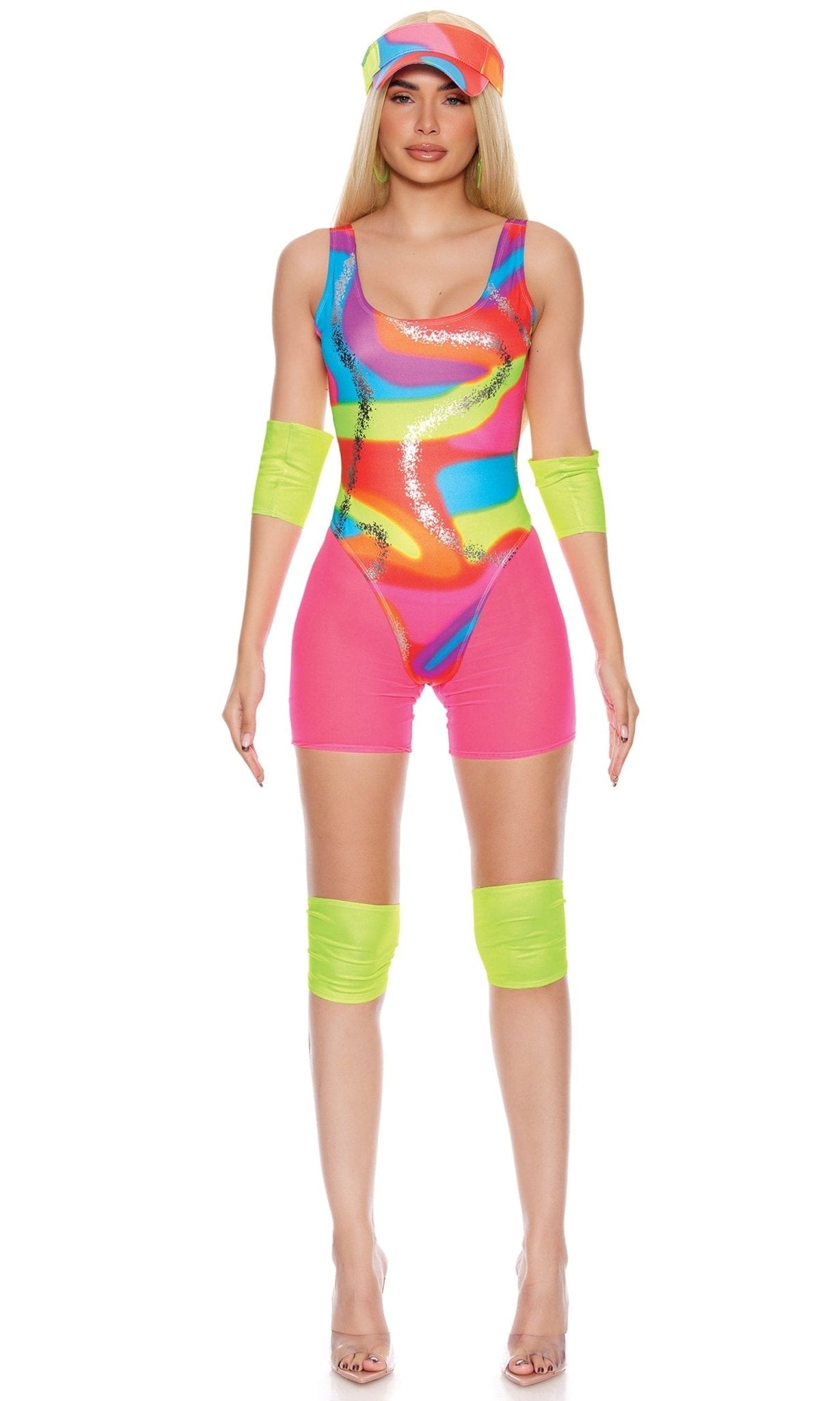 Woman in Sexy Retro Celebrity Doll Costume with colorful leotard, sheer mesh biker shorts, neon bands, and visor, embodying a vintage 80s style.