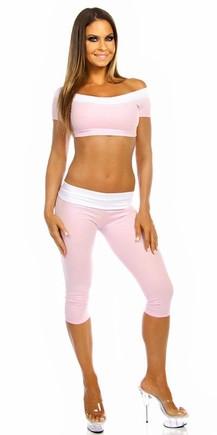 Sexy Roll Down Sport Band Stretch To Fit Shred Capri Yoga Leggings - Baby Pink/White Musotica.com