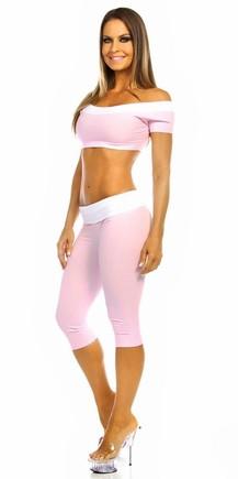 Sexy Roll Down Sport Band Stretch To Fit Shred Capri Yoga Leggings - Baby Pink/White Musotica.com