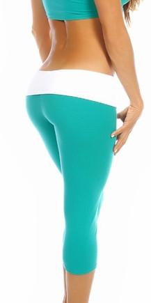 Sexy Roll Down Sport Band Stretch To Fit Shred Capri Yoga Leggings - Teal/White Musotica.com