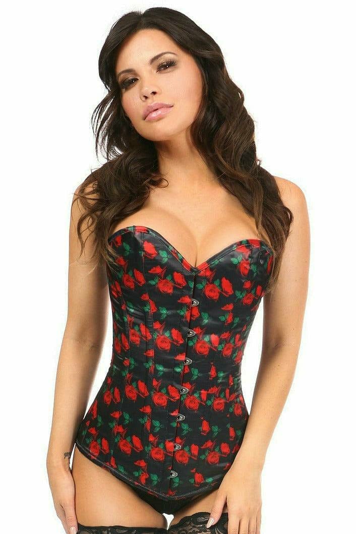 Woman modeling the Sexy Rose Floral Overbust Corset, featuring a vintage rose print design with front busk closure and reinforced support, ideal for special occasions.