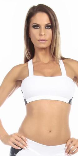 Woman modeling the Sexy Seaman Criss Cross Athletic Navy Blue Sports Bra Top with wide strap and criss cross back, showcasing authentic blueberry camo inserts.
