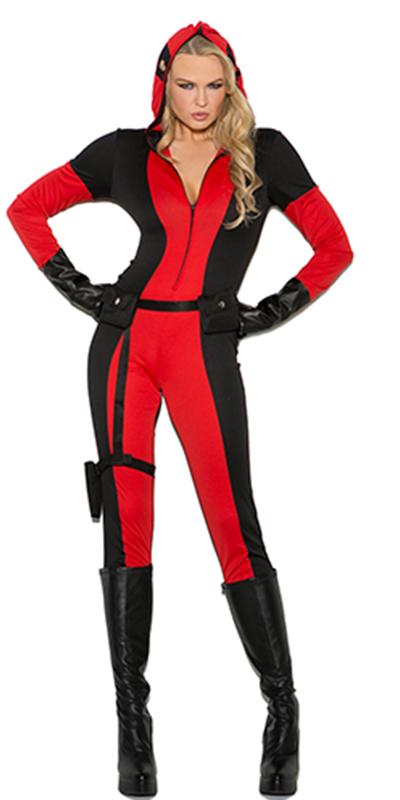 Woman wearing Sexy Secret Vigilante Jumpsuit Costume with attached hood and mask, showcasing a sleek, form-fitting design ideal for cosplay or Halloween events.
