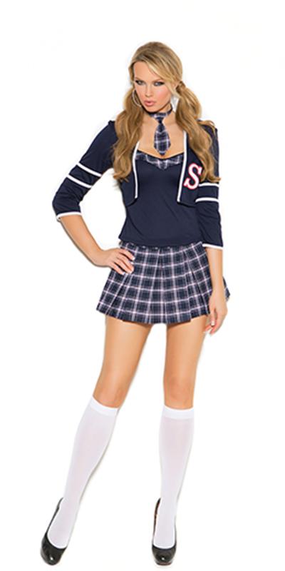 Sexy Senior Year Student Costume featuring a plaid pleated mini skirt, cami top with plaid trim, jacket with S logo, and plaid necktie.